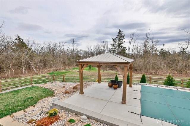 view of patio / terrace with a gazebo, a fenced backyard, and a fenced in pool