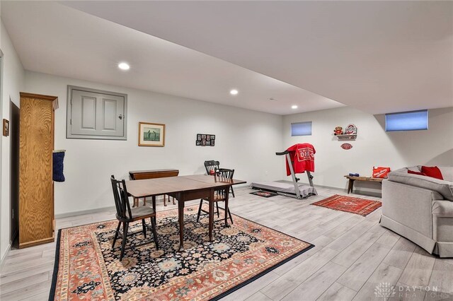 interior space featuring light wood finished floors and recessed lighting