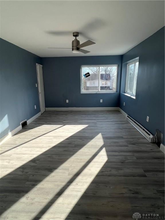 225 Victor Ave, Dayton, OH 45405 - spare room featuring a baseboard radiator, a ceiling fan, dark wood-style floors, and baseboards