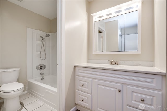full bathroom with toilet, tile patterned flooring, shower / bath combination, and vanity