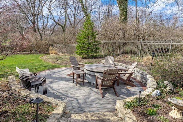 view of patio with a fire pit and a fenced backyard