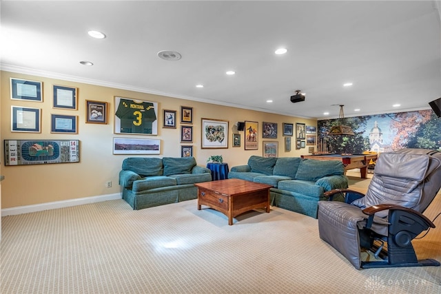 living room featuring recessed lighting, carpet floors, and crown molding
