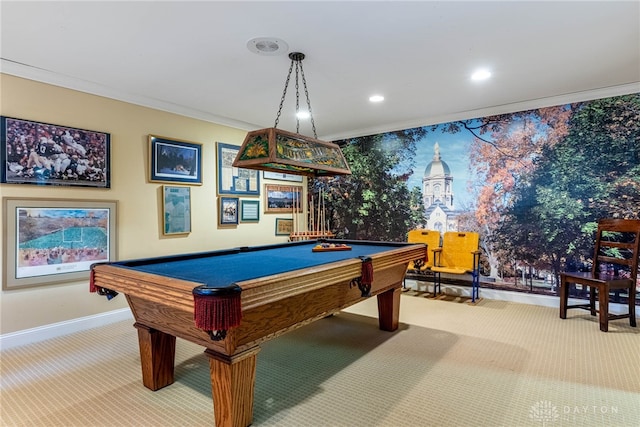 recreation room featuring crown molding, carpet flooring, and pool table