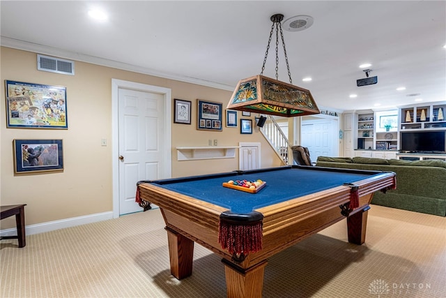 game room featuring light colored carpet, visible vents, baseboards, and pool table