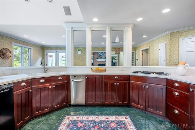 533 Lockerbie Ln, Kettering, OH 45429 - kitchen with dishwasher, crown molding, stainless steel gas cooktop, dark brown cabinets, and wallpapered walls