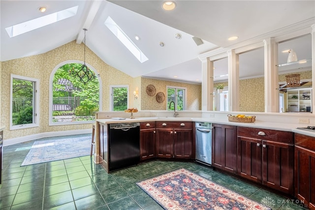 533 Lockerbie Ln, Kettering, OH 45429 - kitchen featuring black dishwasher, a skylight, wallpapered walls, and light countertops