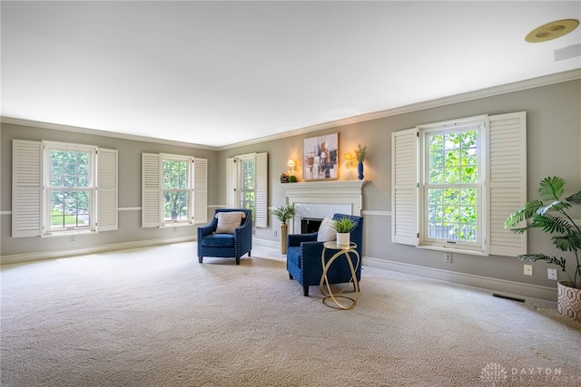 533 Lockerbie Ln, Kettering, OH 45429 - sitting room with ornamental molding, carpet flooring, a fireplace, baseboards, and plenty of natural light
