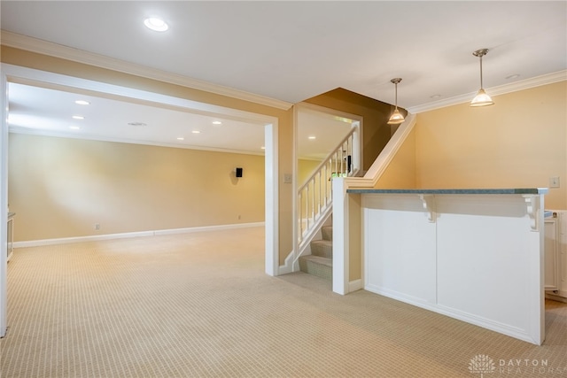 533 Lockerbie Ln, Kettering, OH 45429 - below grade area with ornamental molding, light carpet, recessed lighting, stairway, and baseboards