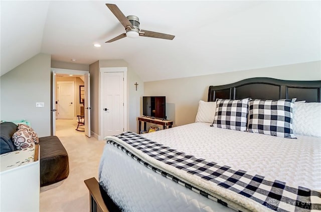 703 Doral Ct, Dayton, OH 45458 - bedroom featuring vaulted ceiling, light colored carpet, and ceiling fan