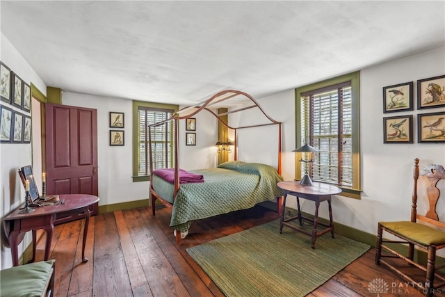 bedroom with multiple windows, baseboards, and wood-type flooring