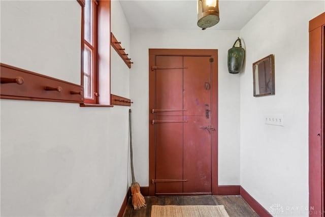 entryway with baseboards and wood finished floors