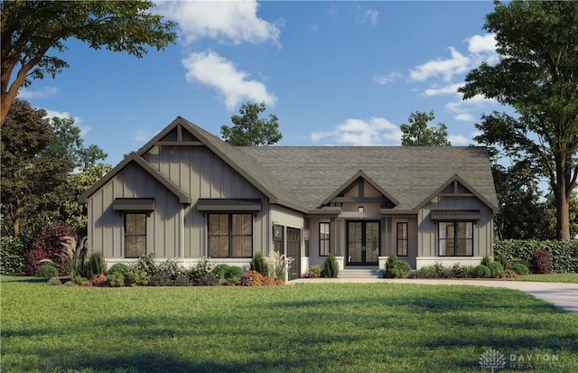 9161 Remy Ct, Centerville, OH 45458 - view of front facade with french doors, board and batten siding, a front lawn, and roof with shingles