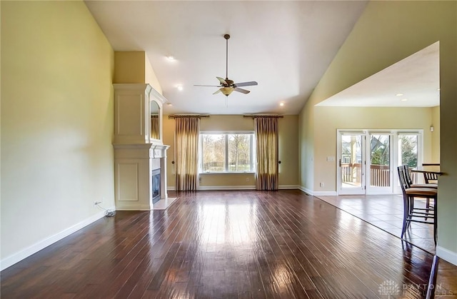 1713 Country Corner Ln, Washington Twp, OH 45458 - unfurnished living room with a ceiling fan, healthy amount of natural light, dark wood-style flooring, and high vaulted ceiling