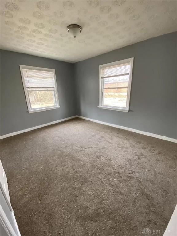 carpeted empty room with baseboards, a wealth of natural light, and a textured ceiling