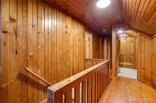 1711 Emerson Ave, Dayton, OH 45406 - corridor with an upstairs landing, wood ceiling, light wood finished floors, wooden walls, and a sauna