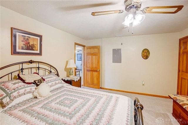 3949 E Summit Ridge Dr, Beavercreek, OH 45430 - carpeted bedroom featuring electric panel, baseboards, and ceiling fan