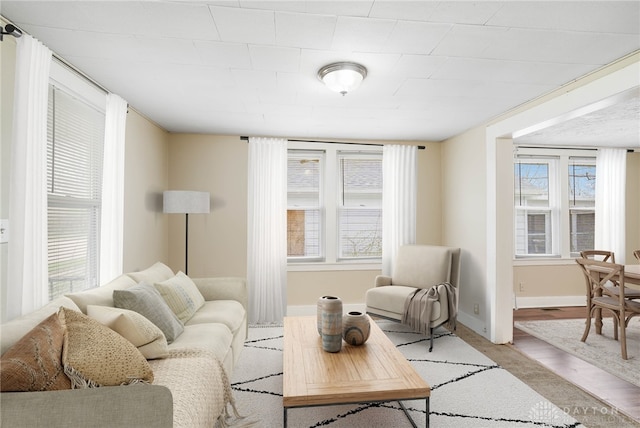 living room featuring baseboards and light wood-type flooring
