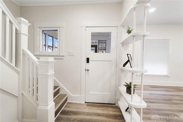 1615 Carrollton Ave, Dayton, OH 45409 - entrance foyer with ornamental molding, baseboards, stairs, and wood finished floors