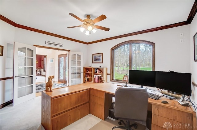 3558 Golden Fox Trl, Lebanon, OH 45036 - office space with light colored carpet, french doors, ceiling fan, and ornamental molding