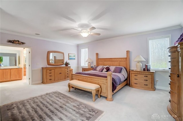 3558 Golden Fox Trl, Lebanon, OH 45036 - bedroom with ceiling fan, baseboards, ornamental molding, and light carpet