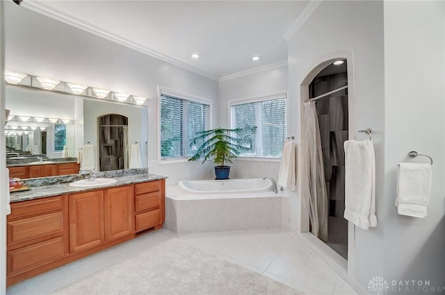 3558 Golden Fox Trl, Lebanon, OH 45036 - bathroom with a shower with curtain, vanity, ornamental molding, and tile patterned floors