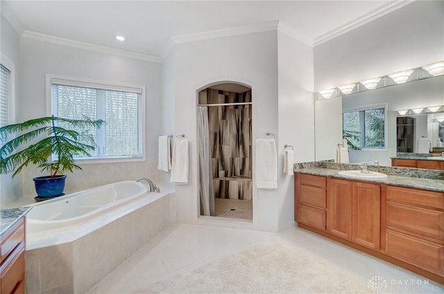 3558 Golden Fox Trl, Lebanon, OH 45036 - bathroom with tile patterned floors, a shower stall, ornamental molding, a bath, and vanity