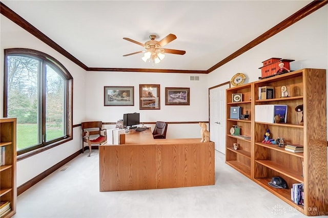 3558 Golden Fox Trl, Lebanon, OH 45036 - home office with visible vents, ornamental molding, light carpet, and ceiling fan