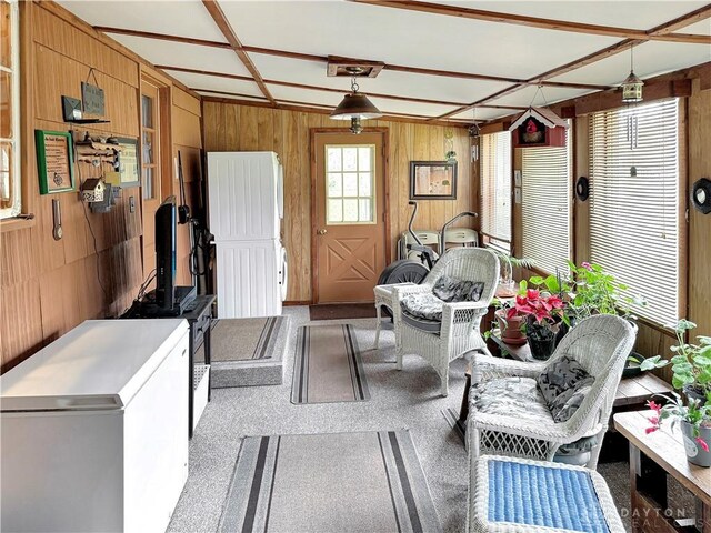 living room featuring carpet flooring and wood walls