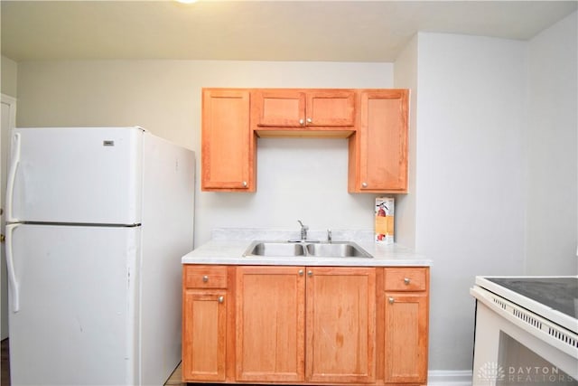 kitchen with white appliances, light countertops, and a sink