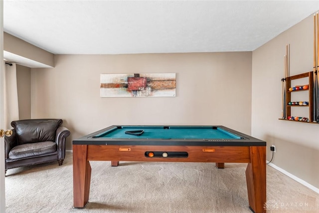 rec room featuring baseboards, pool table, and light carpet