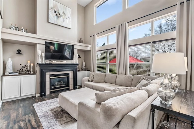 living room with dark wood-type flooring, a high ceiling, and a fireplace