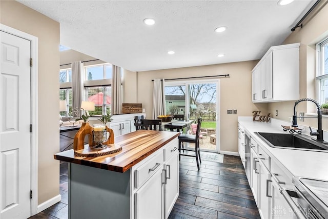kitchen featuring a sink, baseboards, white cabinets, recessed lighting, and butcher block countertops