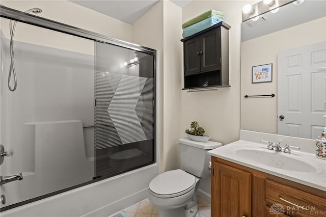 bathroom with vanity, tile patterned flooring, visible vents, toilet, and combined bath / shower with glass door