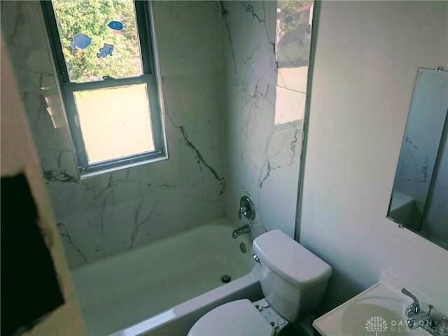 full bath with a sink, toilet, a shower, and a bathtub