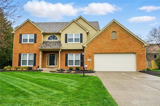 433 Vincent Ct, Middletown, OH 45042 - view of front of property featuring brick siding, driveway, a front lawn, a garage, and a shingled roof