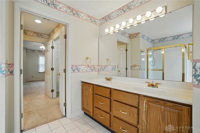 433 Vincent Ct, Middletown, OH 45042 - full bath with a stall shower, double vanity, tile patterned flooring, and ceiling fan