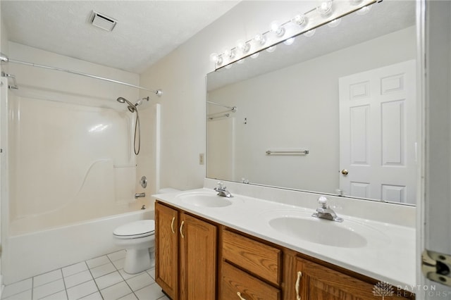 433 Vincent Ct, Middletown, OH 45042 - full bath with tile patterned flooring, toilet, bathtub / shower combination, double vanity, and a textured ceiling