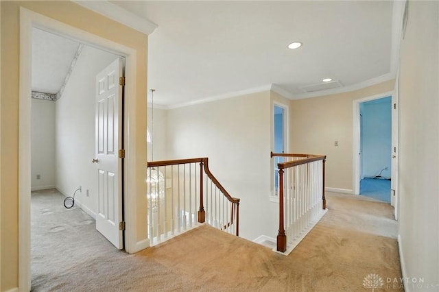 433 Vincent Ct, Middletown, OH 45042 - corridor featuring an upstairs landing, carpet, crown molding, baseboards, and recessed lighting