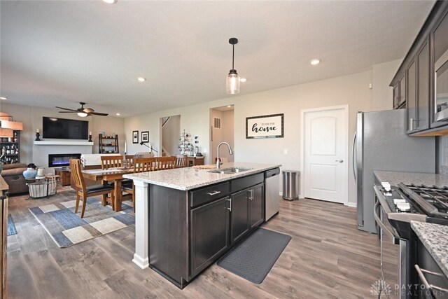 kitchen with a ceiling fan, a glass covered fireplace, wood finished floors, a sink, and stainless steel appliances