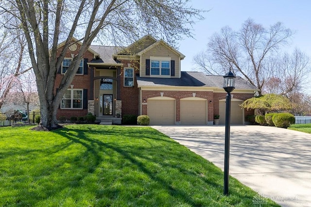 traditional-style house with a front yard, fence, brick siding, an attached garage, and concrete driveway