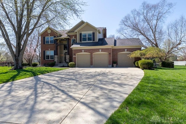 view of front of house with a chimney, driveway, a front lawn, brick siding, and fence