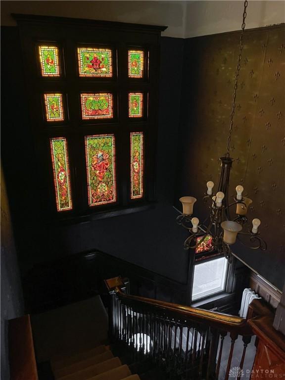 1400 E 3rd St, Dayton, OH 45403 - interior space with stairs and a notable chandelier
