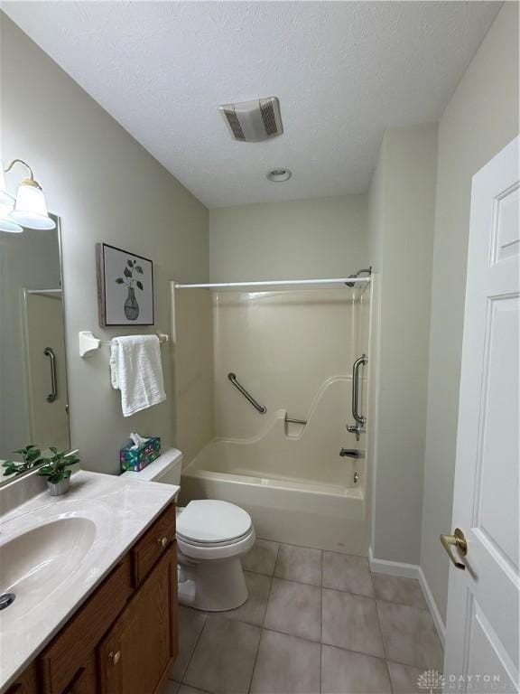 bathroom featuring a textured ceiling, vanity, visible vents, toilet, and tile patterned floors