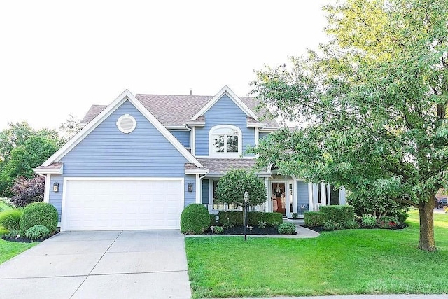traditional-style house featuring concrete driveway, roof with shingles, an attached garage, and a front yard