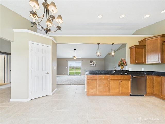 kitchen featuring baseboards, a peninsula, brown cabinetry, dishwasher, and a sink