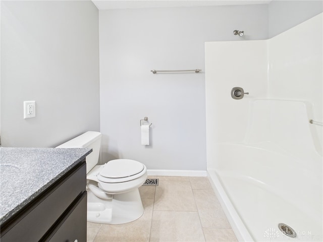 full bath featuring vanity, tile patterned flooring, toilet, visible vents, and a shower
