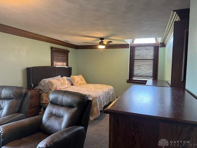 bedroom featuring a ceiling fan and crown molding