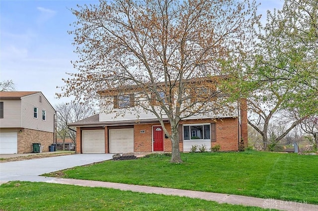 view of front of property with concrete driveway, brick siding, a garage, and a front lawn