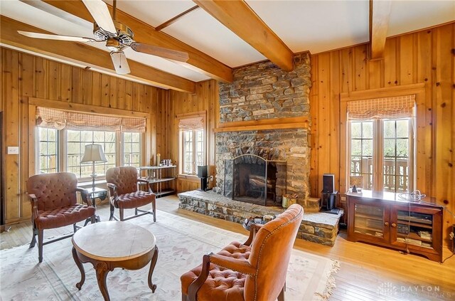 4600 Brown Rd, Sugarcreek Township, OH 45440 - living room featuring wooden walls, beamed ceiling, wood finished floors, a fireplace, and ceiling fan