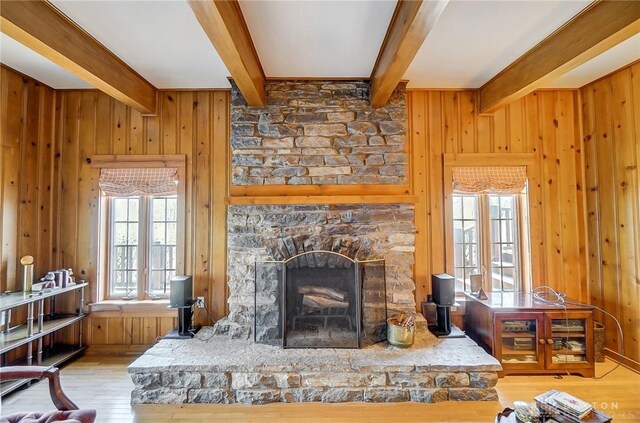 4600 Brown Rd, Sugarcreek Township, OH 45440 - living area with beam ceiling, wood-type flooring, a fireplace, and wooden walls